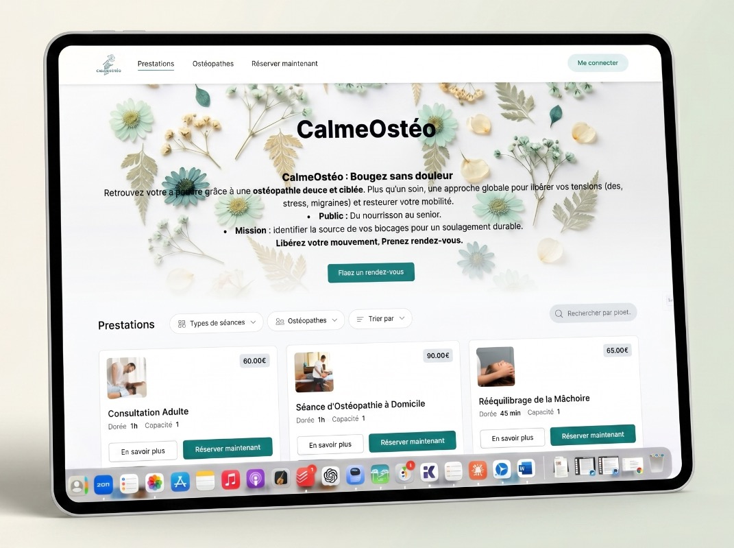 Interface de réservation CalmeOstéo sur tablette — liste des prestations avec tarifs