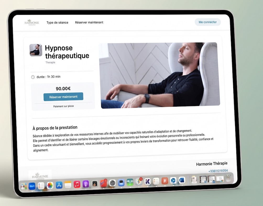 Interface de réservation Harmonie Thérapie sur tablette — service Hypnose thérapeutique à 90€